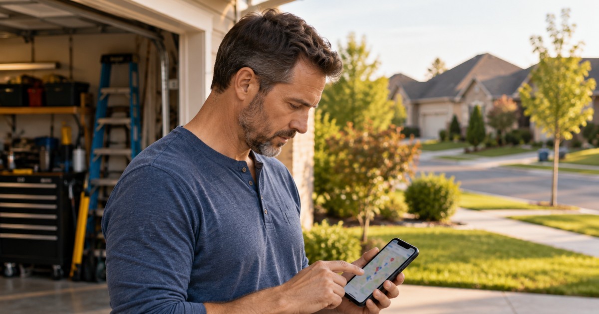 male homeowner mid 40's looking at local map results on his phone while standing outside a car garage