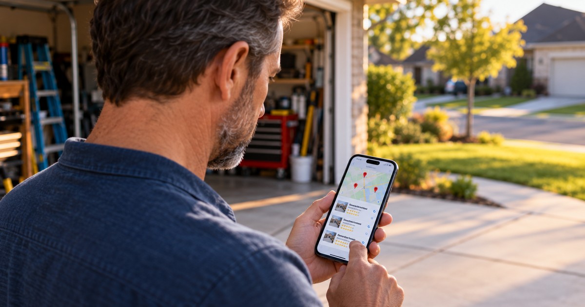 middle aged man standing in a driveway looking at local services ads results on his cellphone