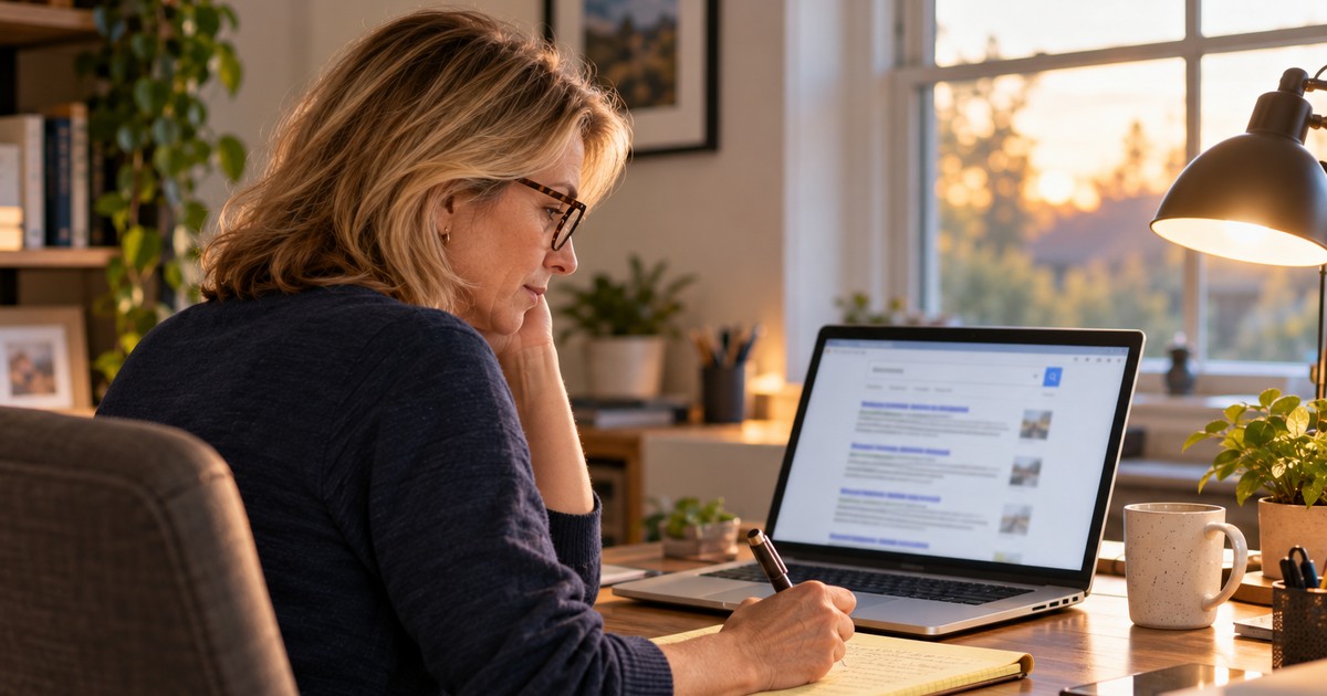 advertising channels organic search service business office manager writing on a notepad while looking at a laptop screen that is displaying some organic search results in a web browser