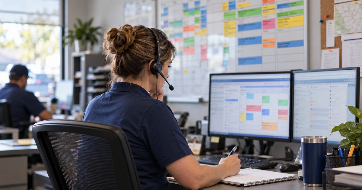service company dispatcher with a headset taking a call