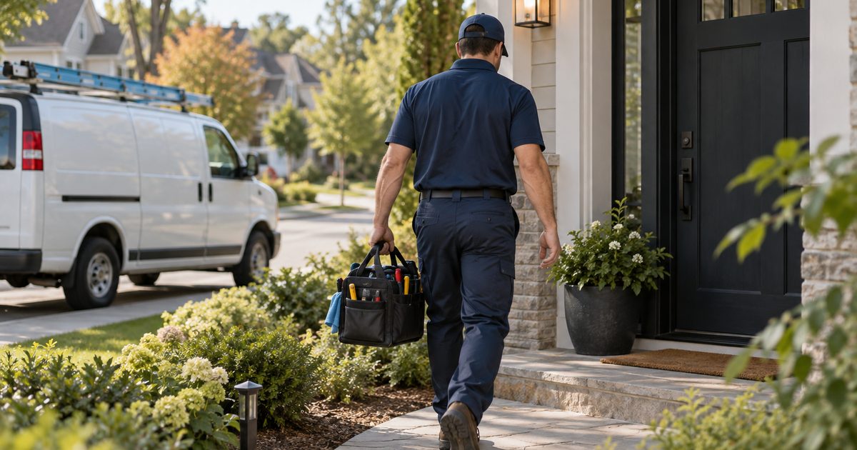 service technician walking up to a front door carrying a tool bag with a van in the background