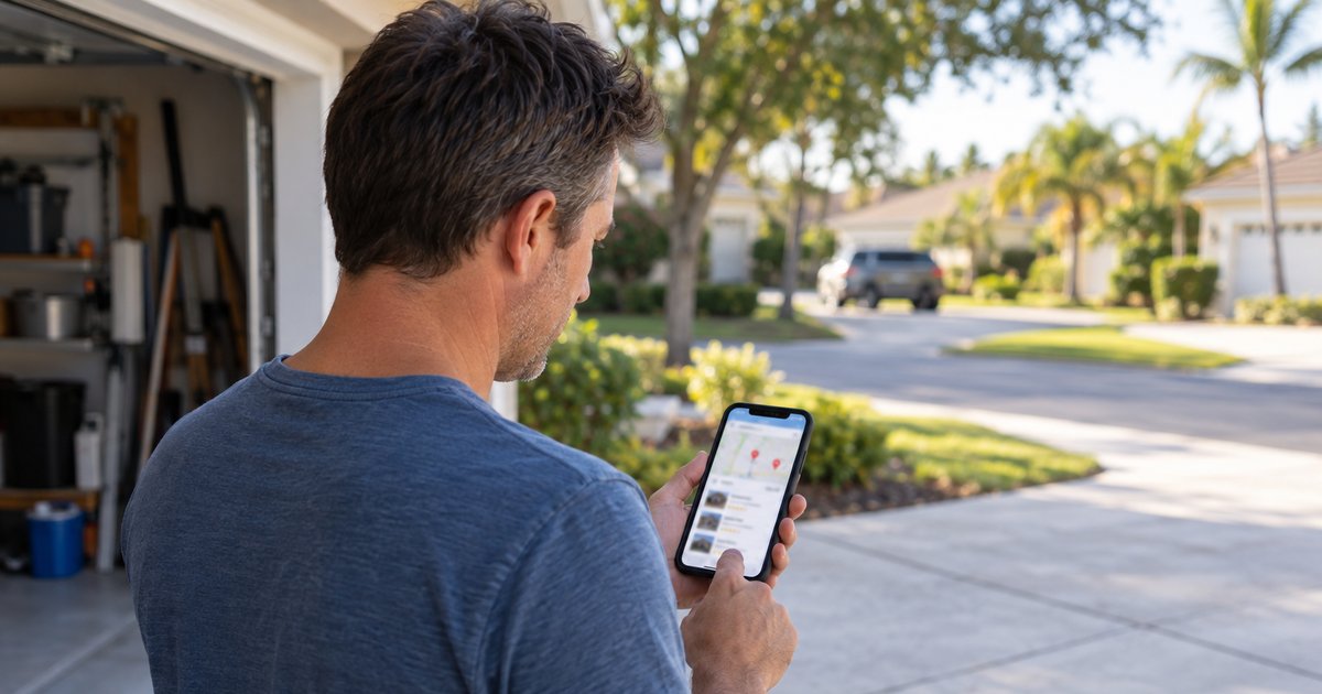 local-search-and-maps male in a t shirt standing next to a home garage while looking on his cellphone a local map search result