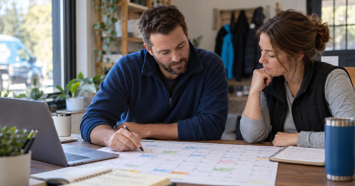 marketing-planning-and-economics business owner and manager planning for the year using a printed calendar