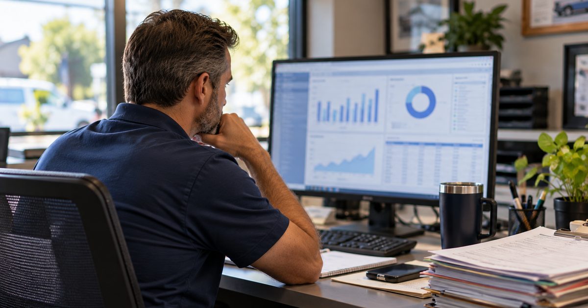 measurement-and-attribution a business owner studying a marketing sheet on a computer screen with a stack of files next to him