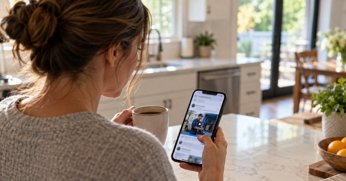 female homeowner standing in a modern kitchen browsing social media on her phone while holding a cup of coffee