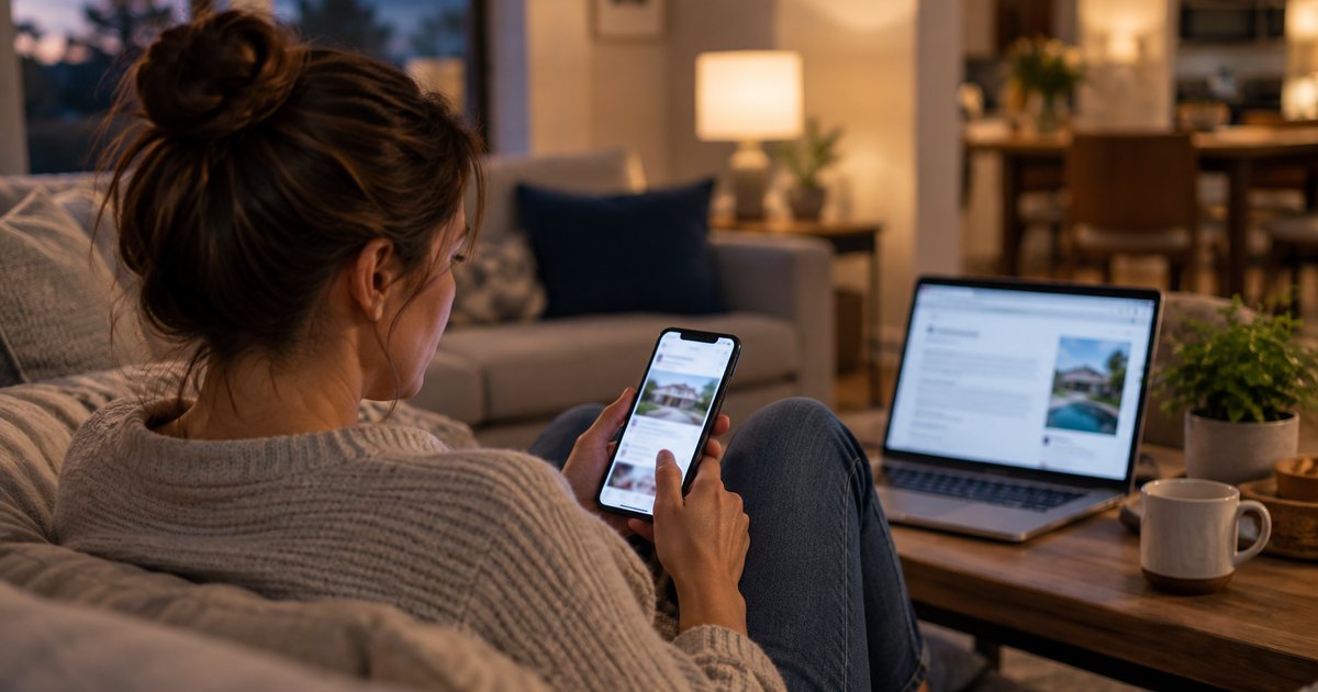 remarketing a prospective home services client searching for a vendor on a cellphone, while sitting on a couch with a cup of coffee on a nearby coffee table