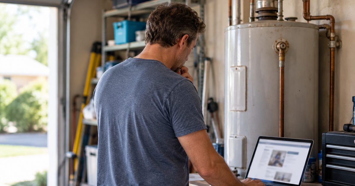 homeowner researching an issue on a computer while in his garage with a water heater in the background