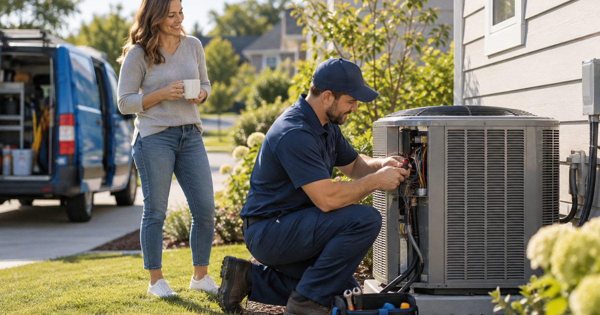 types-of-home-service-demand-routine ac tech servicing an exterior ac unit while the homeowner is happy and looking at the work being performed