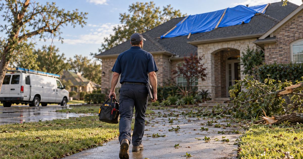 types-of-home-service-demand-storm Home services technician carrying a tool bag up a wet driveway toward a house with a blue tarp over storm-damaged roofing and fallen branches in the yard.