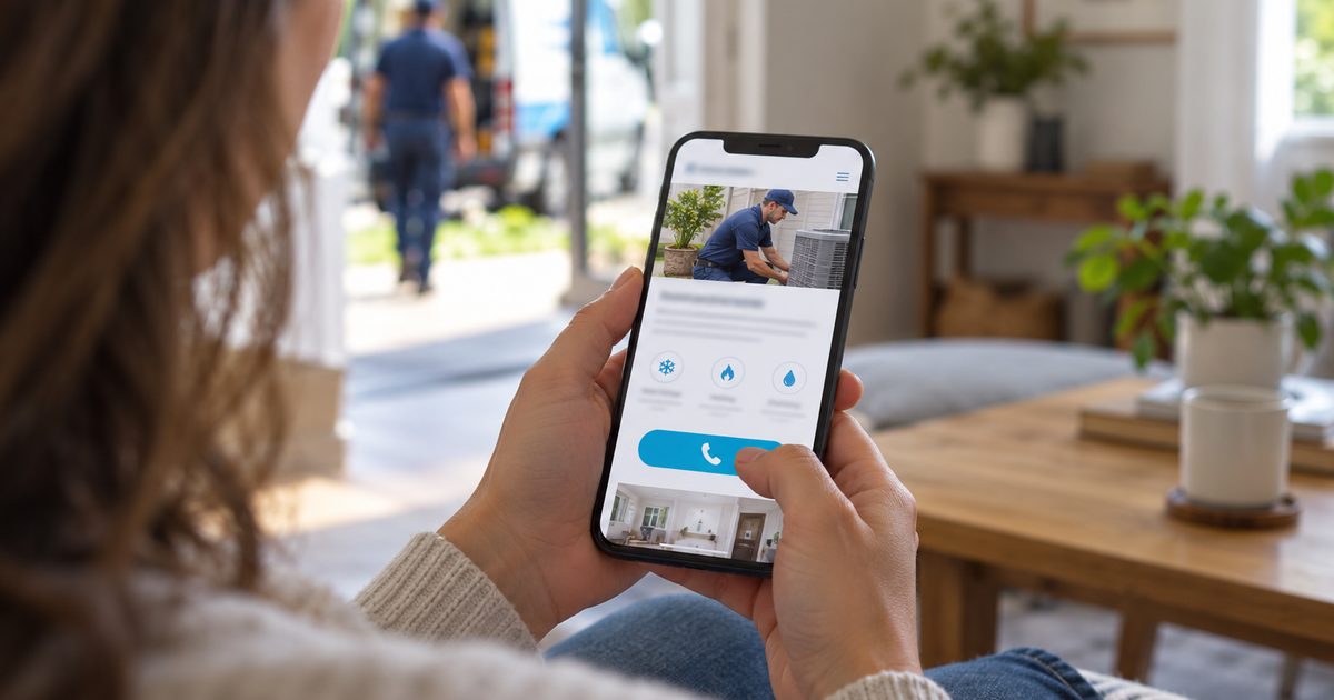 websites-and-digital-presence homeowner using a cellphone about to tap on a call button from a service business website