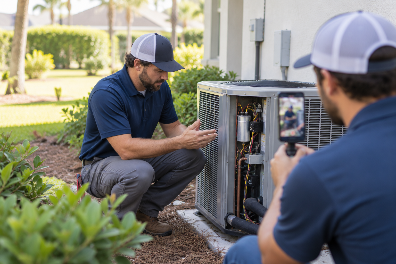 A home services technician kneels beside an outdoor AC unit, explaining it while a colleague records him on a phone held upright.
