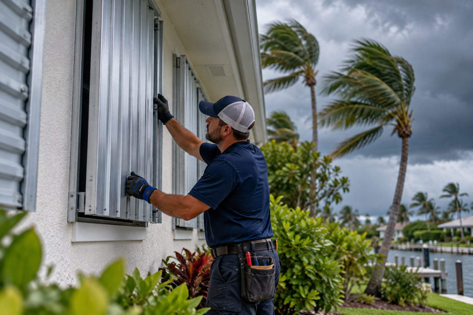 Securing Shutters Before the Storm Contractor closing metal hurricane shutters on a South Florida home as palm trees bend in the wind under a dark storm sky