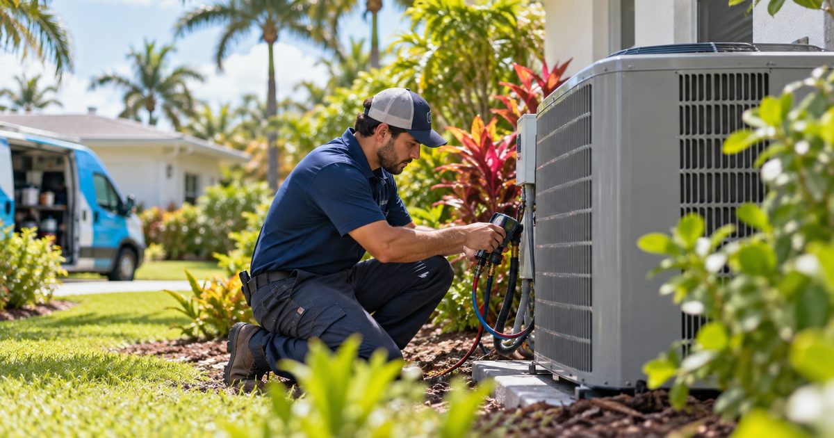an HVAC technician checking refrigerant pressures on an outdoor AC condenser beside a South Florida home with palm trees and tropical landscaping