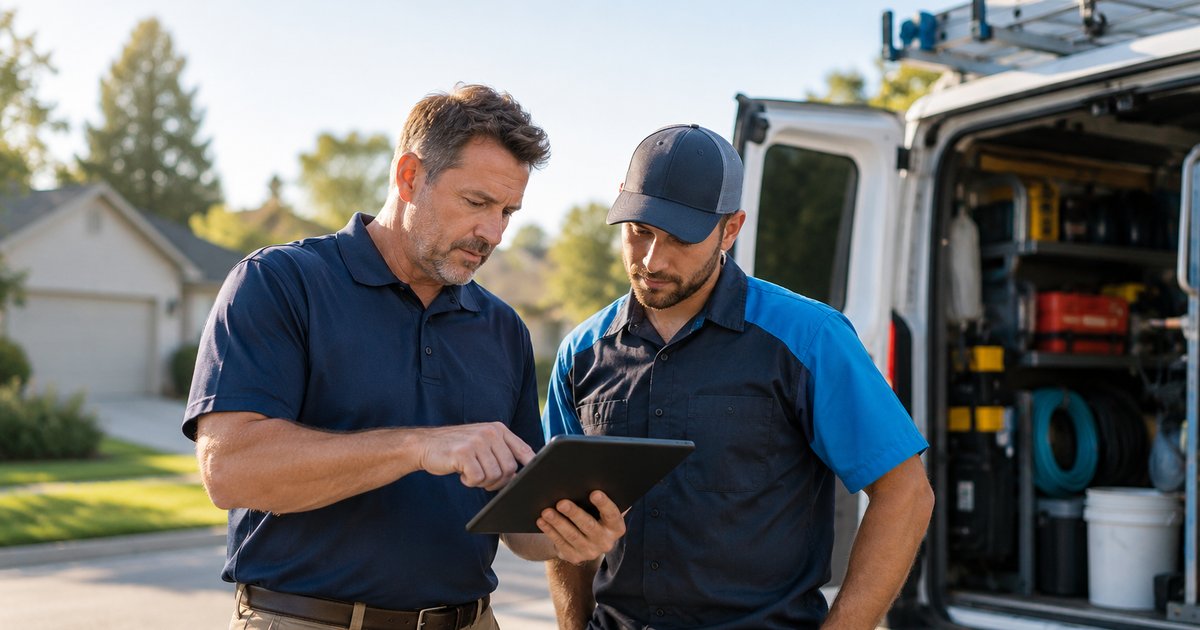 home-service-business-models A home services business owner and a technician review the day’s jobs on a tablet beside an open service van before heading out.