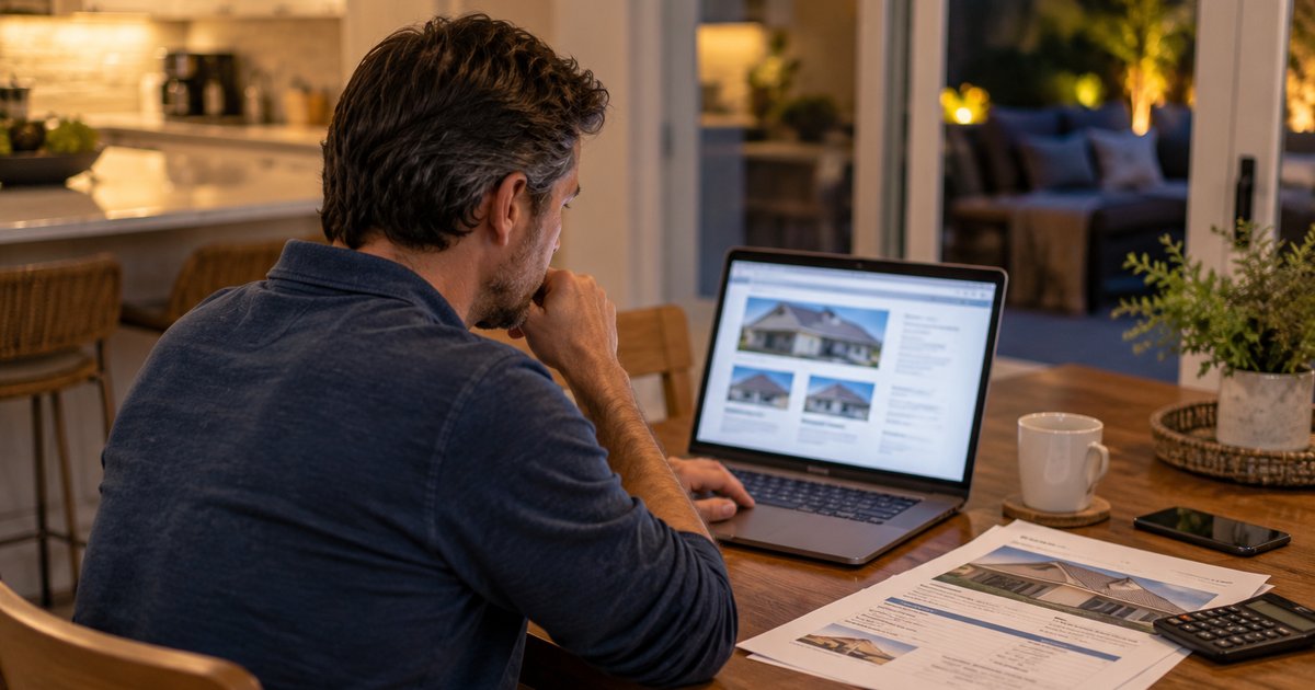 A homeowner sits at a kitchen table in the evening, researching a roofing job on a laptop with a printed quote and calculator beside him.