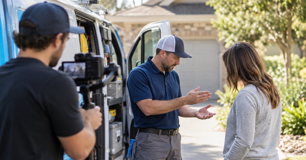 service technician explaining to a home owner a process while being recorded for a youtube video