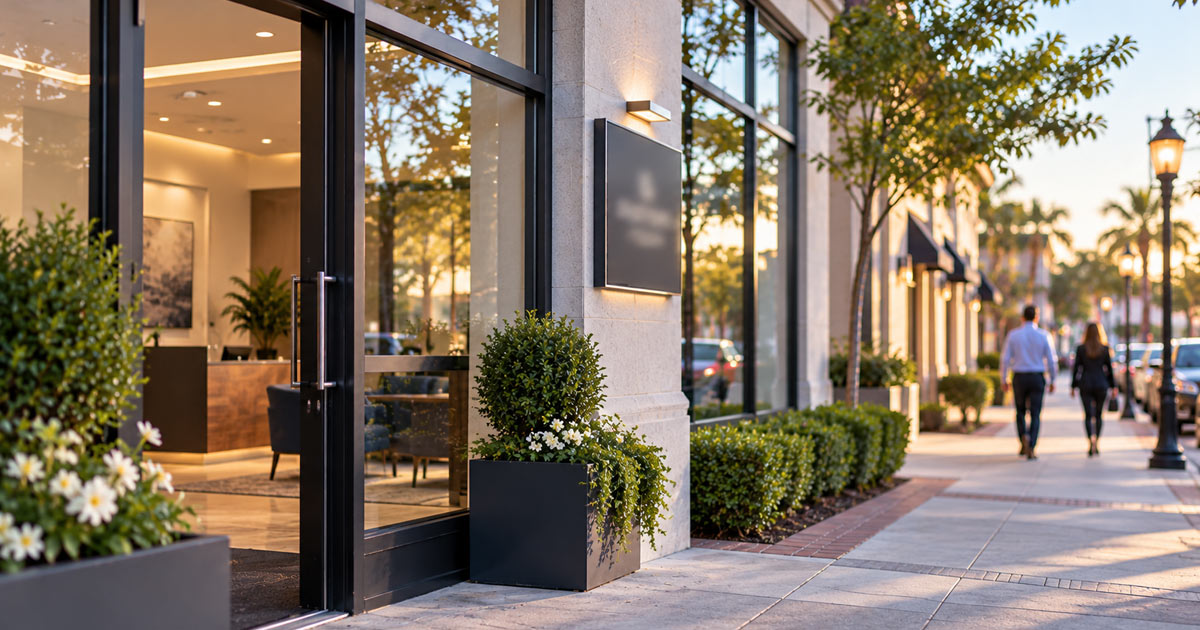 the front door and street view for a law firm location in a medium sized city