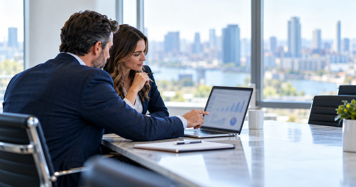 lawyer-looking-at-ppc-chart lawyer and intake manager reviewing marketing data